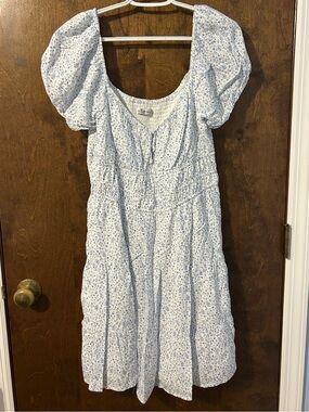Hollister White Dress with Blue Floral Print and Smocked Bodice